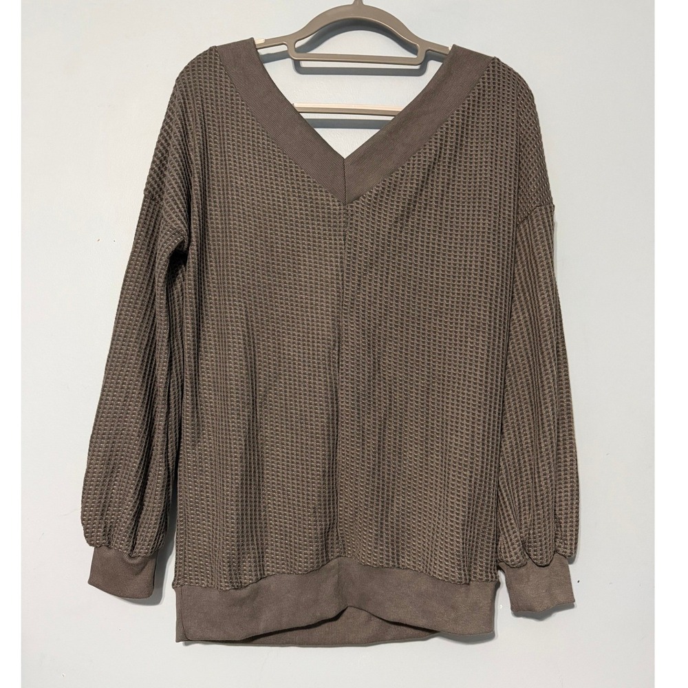 Tobrief Women's Medium Waffle Knit V-Neck Long Sleeve Top Olive Brown 2319